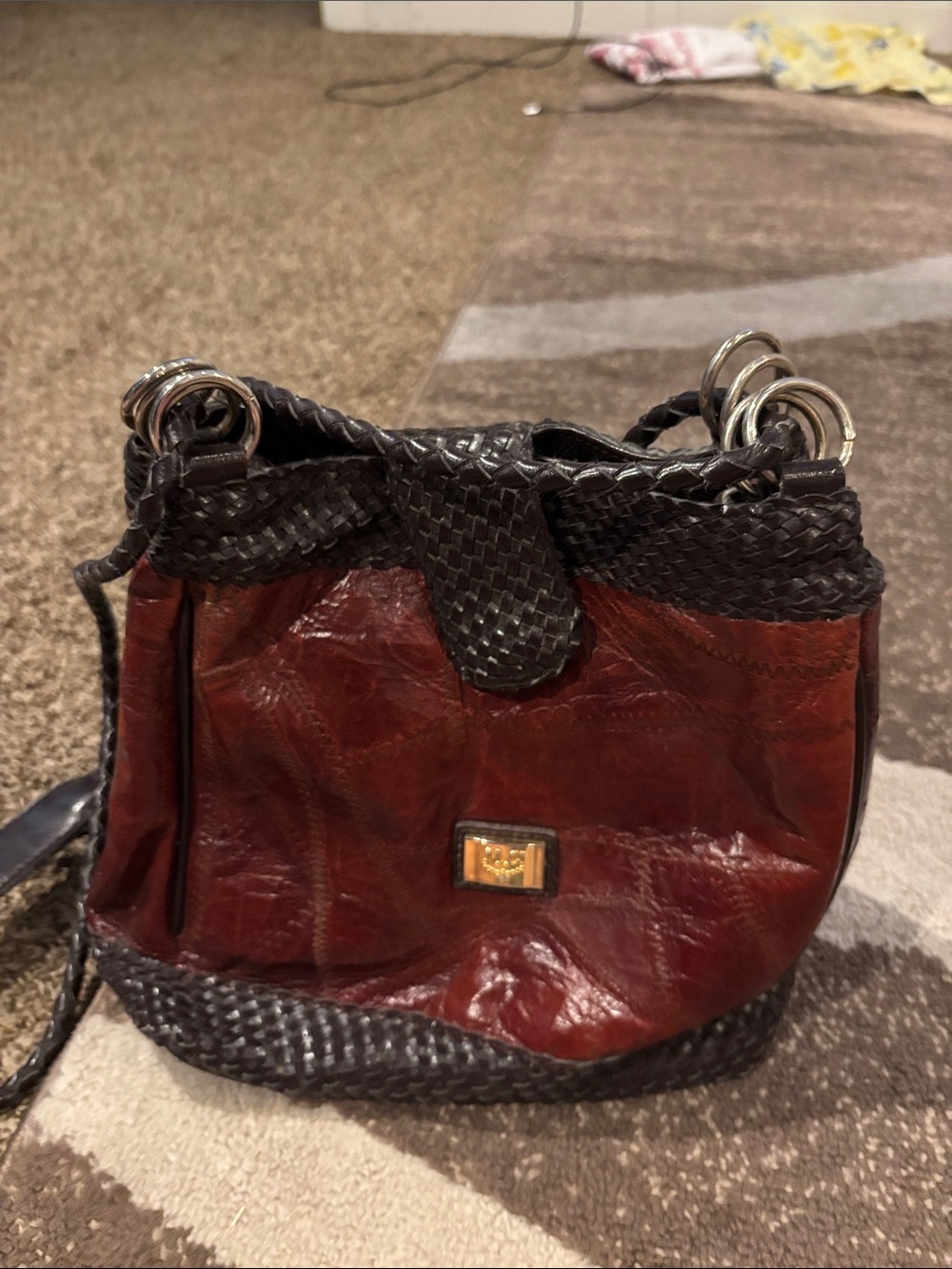 2 Tone Woven Trim Leather Shoulder Bag n Brown & Black tiny spot on bottom